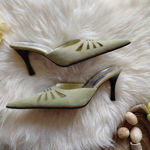 Light Green Suede High Heel Pointed-Toe Mules Cutouts & Bling (38 European)